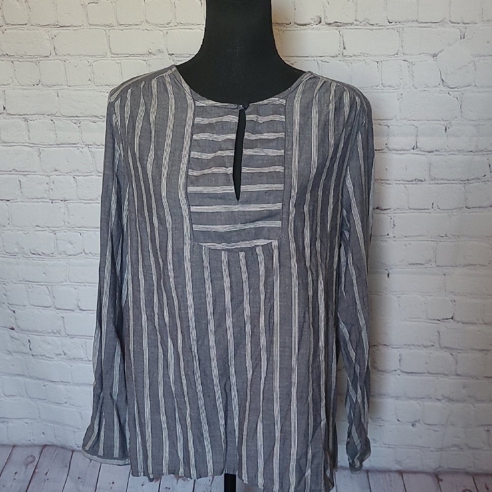 Old Navy Gray Large Cotton Tunic Striped V Neck Long Sleeve